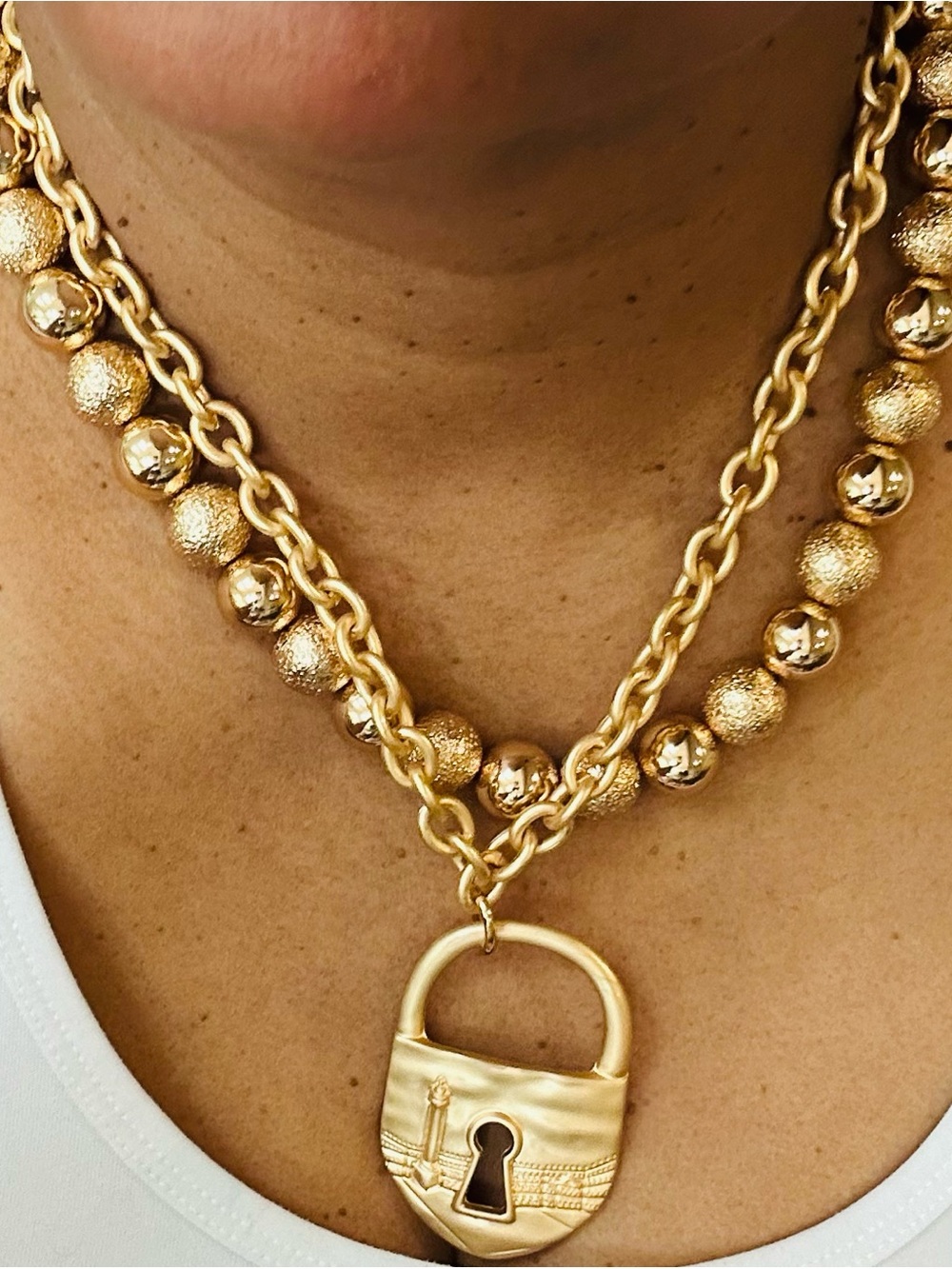 Gold Padlock Pendant Layered Necklace - Women's Jewelry